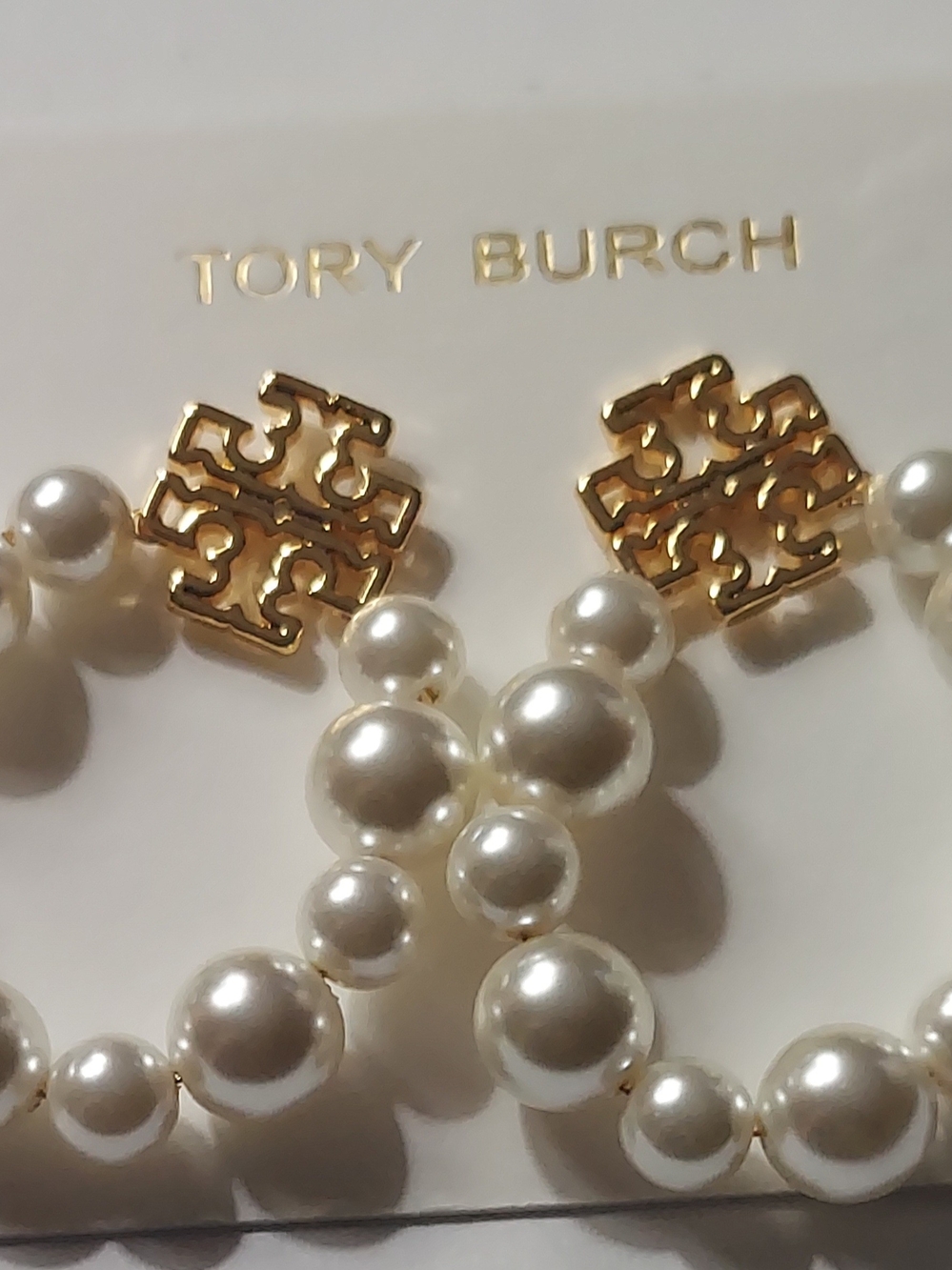Tory Burch Gold Logo Pearl Drop Earrings - White and Gold
